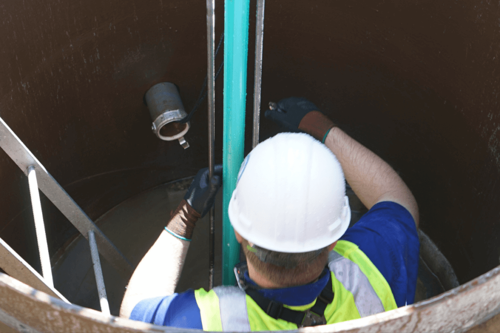 A man installing a flow meter in a municipal water vault.