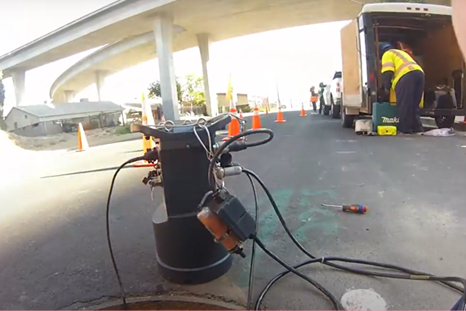 A manhole installation of the FLO-DAR, a flow metering solution for I&I. Permission from Oratech Controls.